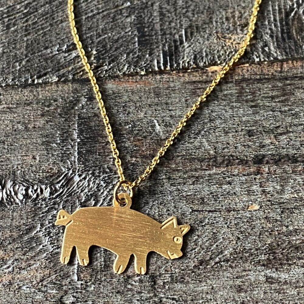 NEW Brushed Brass Pig Pendant Necklace